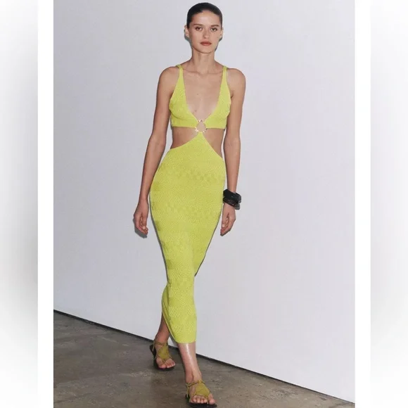 NWT Zara Knit Lime Green Dress Midi Maxi Gold Loop Stretchy Long 2756/013  CutOut Dresses